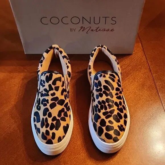 Coconuts by Matisse, 6.5, Leather Fur Leopard Animal Print Slip On Sneaker Flats - Picture 4 of 9